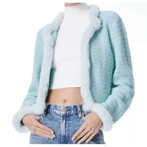 Alice + Olivia Mendy Faux‎ Fur Trim Cropped Cardigan Tweed Knit Julep Medium NWT